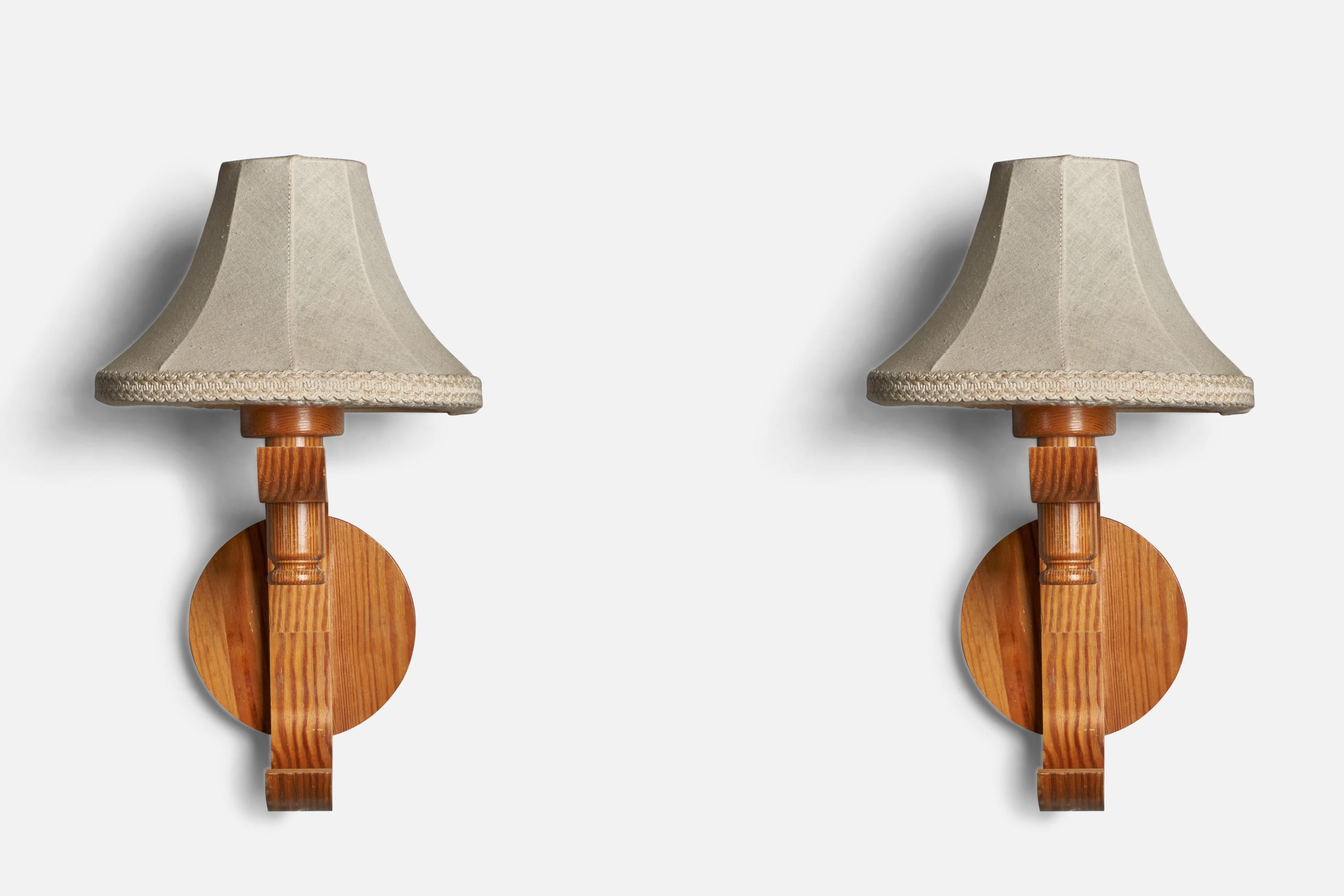 Post-Modern Swedish Designer, Wall Lights, Pine, Fabric, Sweden, 1970s For Sale