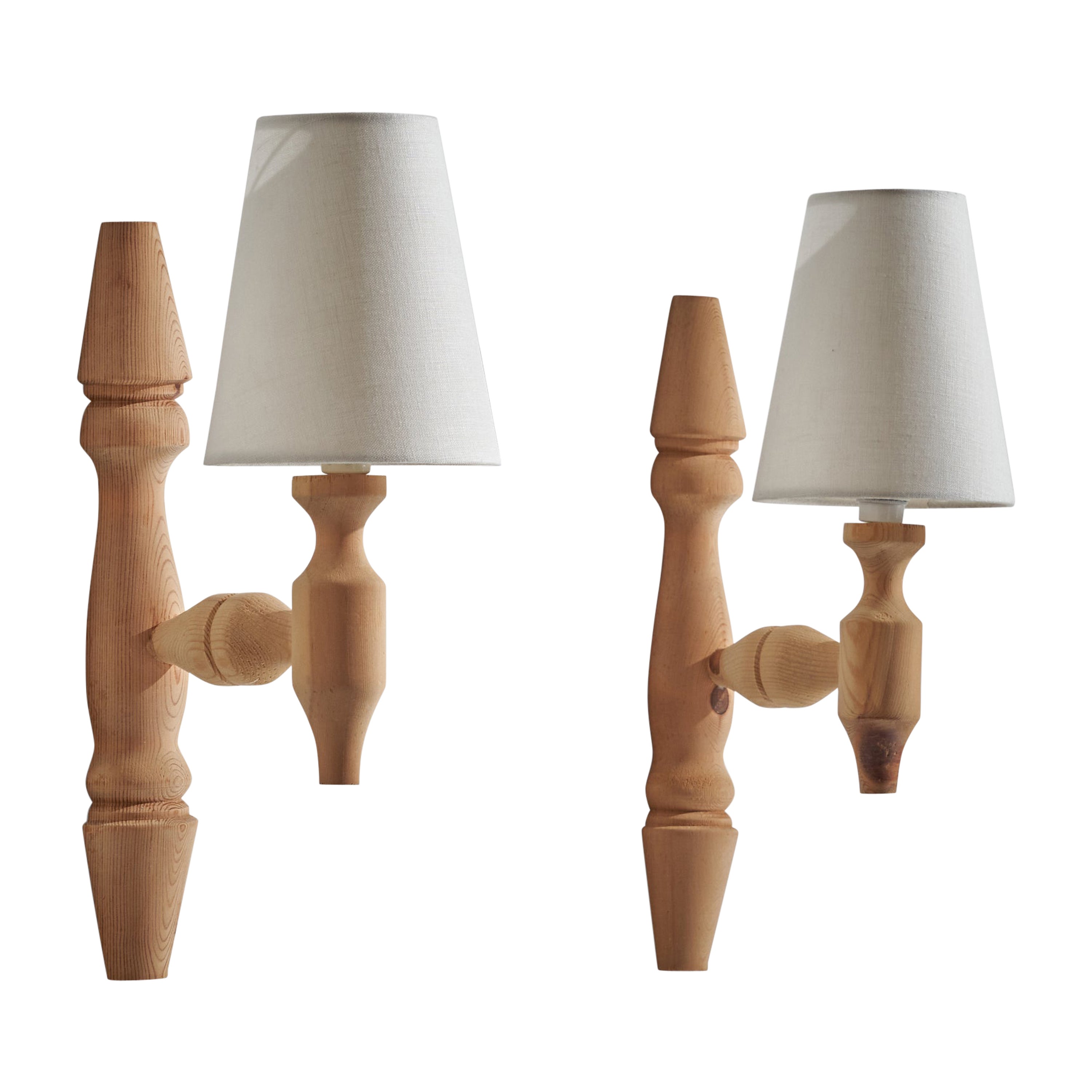 Swedish Designer, Wall Lights, Pine, Fabric, Sweden, 1970s