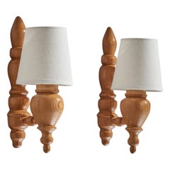 Swedish Designer, Wall Lights, Pine, Fabric, Sweden, 1970s