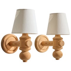Swedish Designer, Wall Lights, Pine, Fabric, Sweden, 1970s