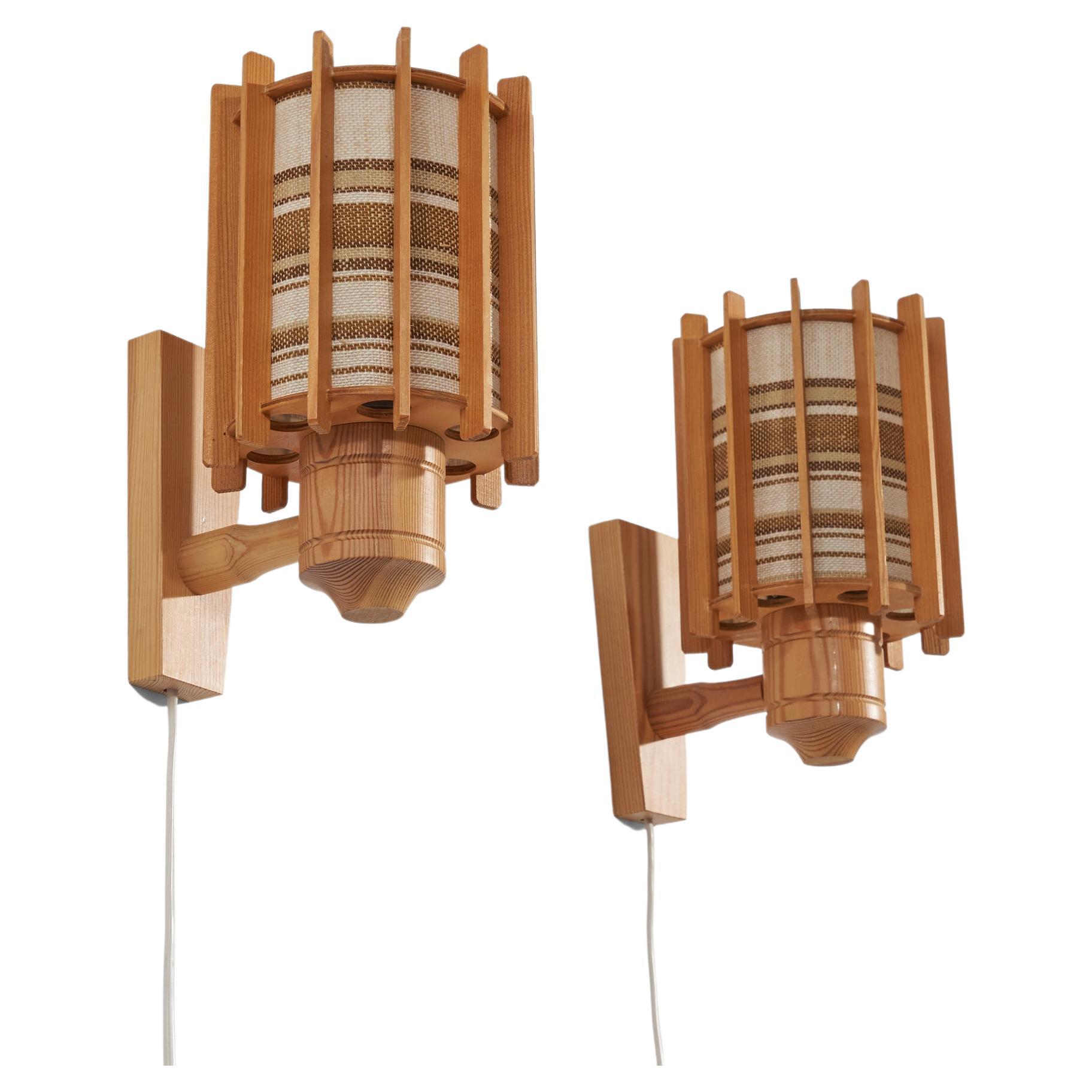 Swedish Designer, Wall Lights, Pine, Fabric, Sweden, 1970s For Sale