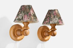 Swedish Designer, Wall Lights, Pine, Fabric, Sweden, 1970s