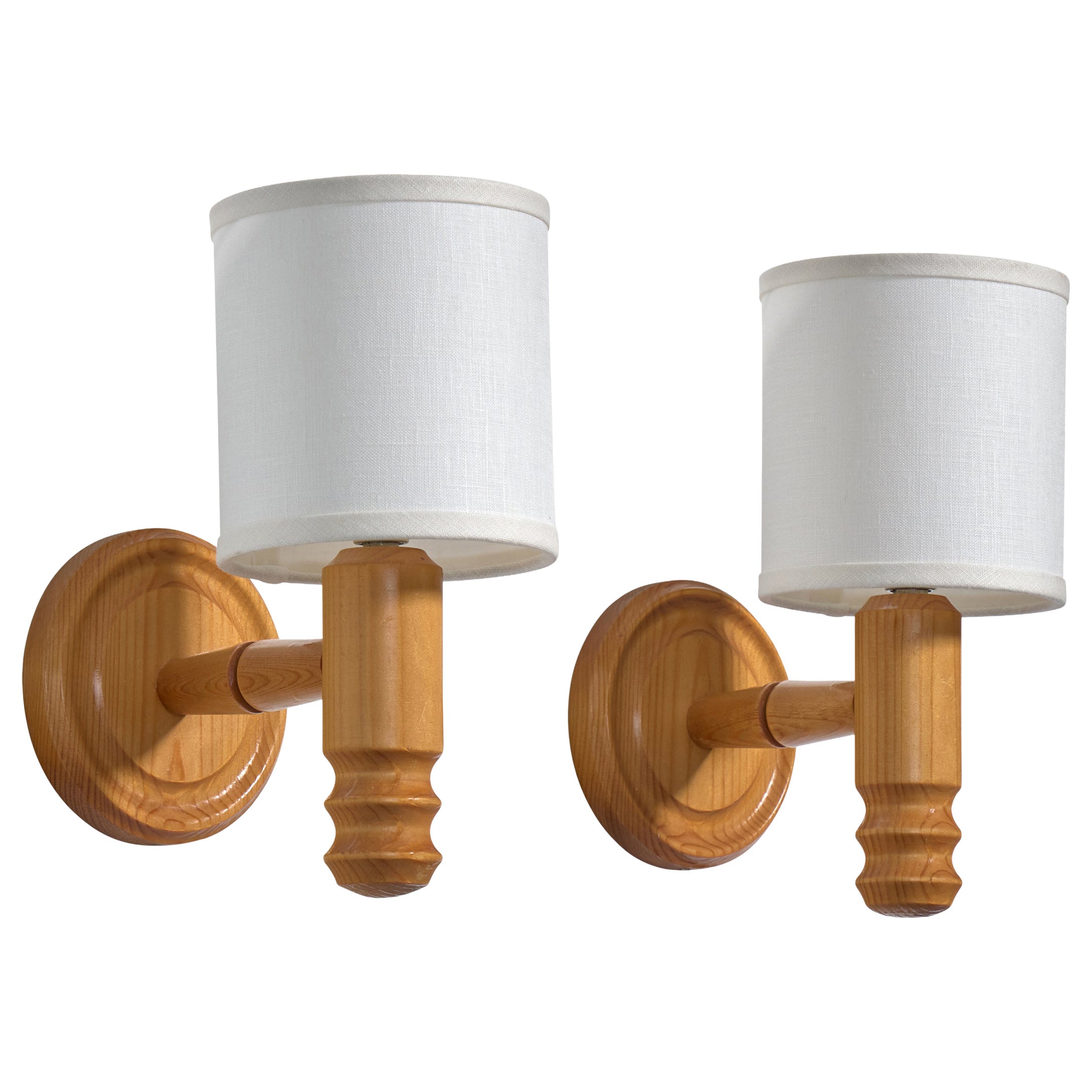 Swedish Designer, Wall Lights, Pine, Fabric, Sweden, 1980s