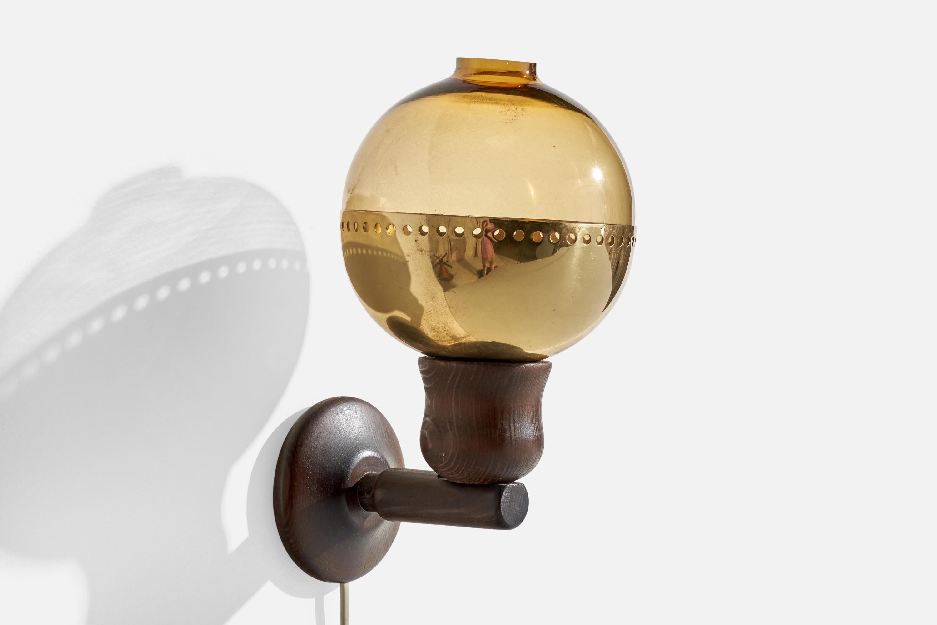 Late 20th Century Swedish Designer, Wall Lights, Pine, Glass, Brass, Sweden, 1970s For Sale