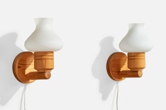 Swedish Designer, Wall Lights, Pine, Glass, Sweden, 1970s