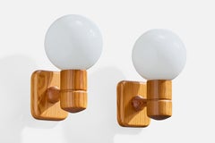 Swedish Designer, Wall Lights, Pine, Glass, Sweden, 1970s
