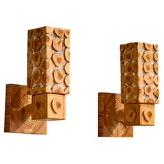 Swedish Designer, Wall Lights, Pine, Raffia, Sweden, 1970s