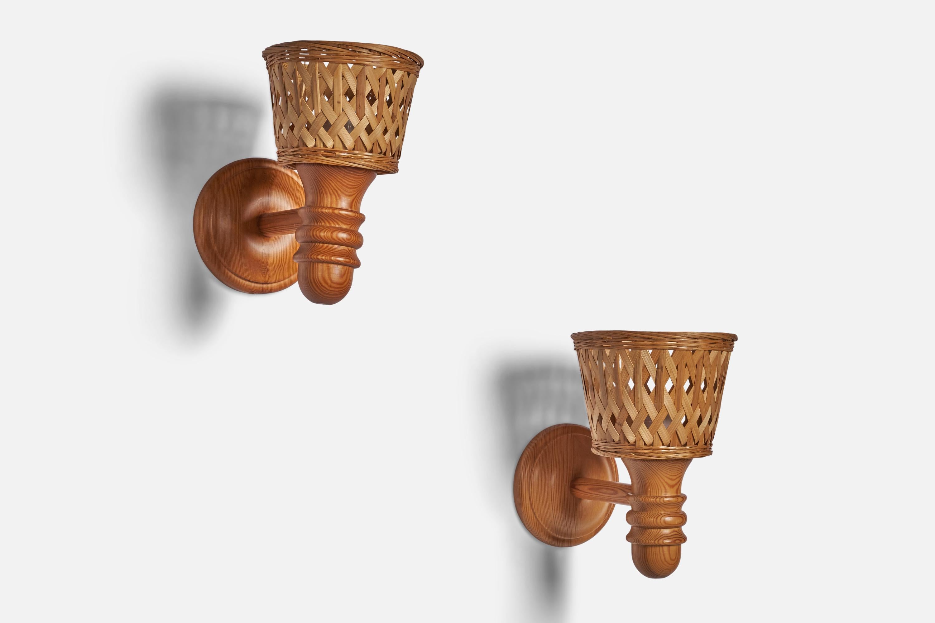 Post-Modern Swedish Designer, Wall Lights, Pine, Rattan, 1970s For Sale