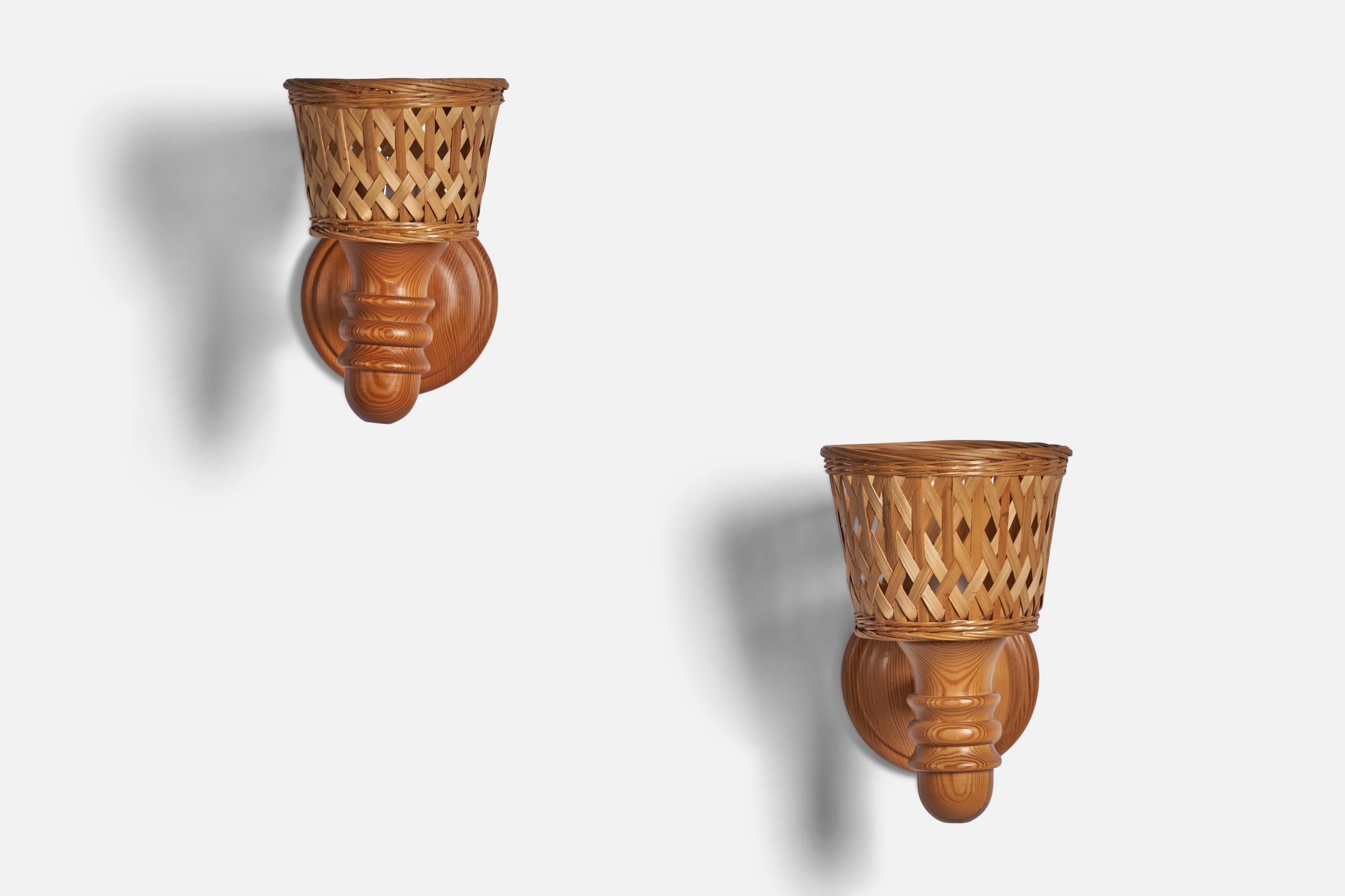 Swedish Designer, Wall Lights, Pine, Rattan, 1970s In Good Condition For Sale In High Point, NC