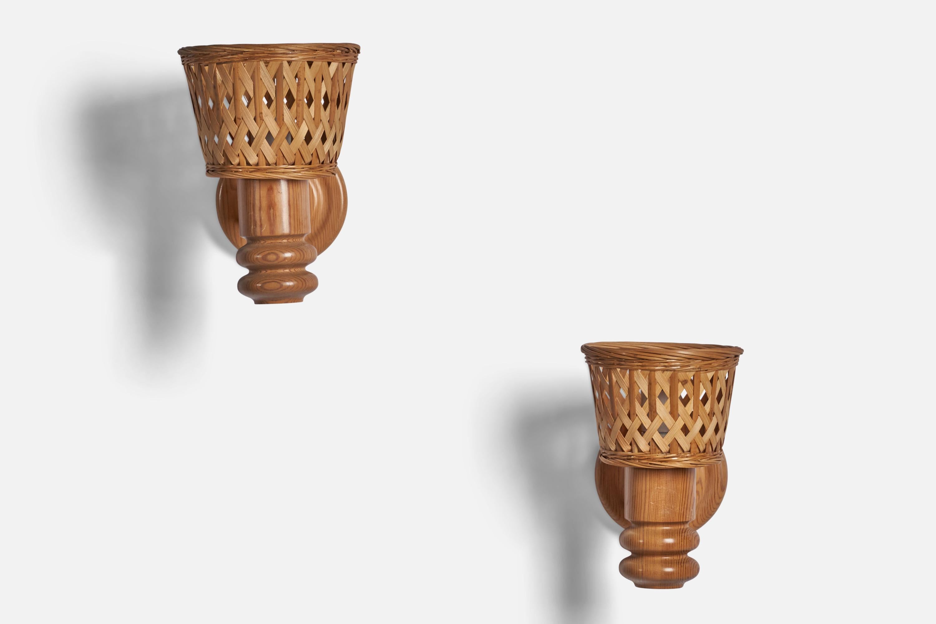 Swedish Designer, Wall Lights, Pine, Rattan, Sweden, 1970s In Good Condition For Sale In High Point, NC