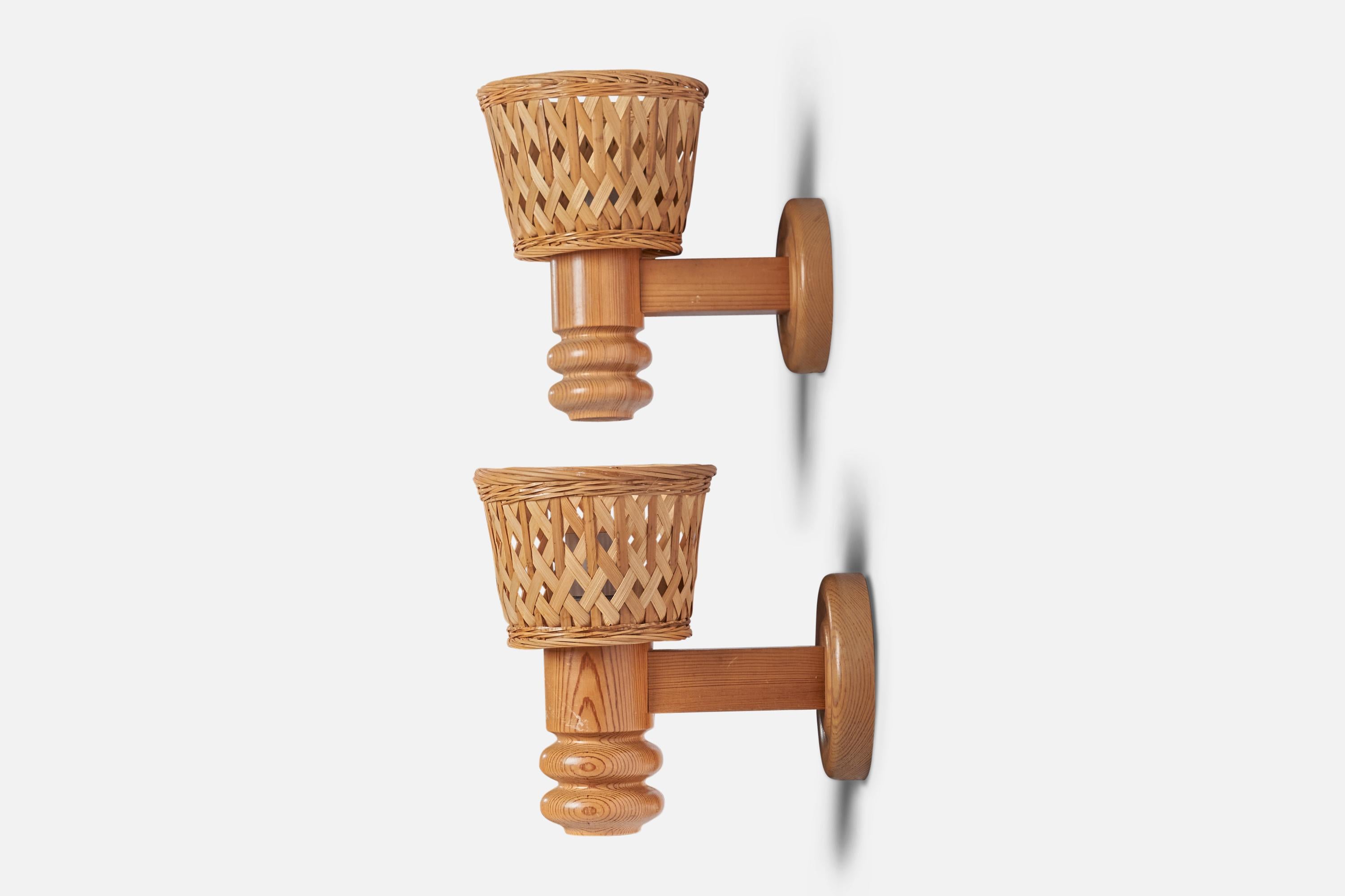 Late 20th Century Swedish Designer, Wall Lights, Pine, Rattan, Sweden, 1970s For Sale