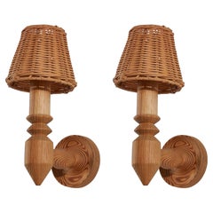 Vintage Swedish Designer, Wall Lights, Pine, Rattan, Sweden, 1970s