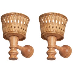 Swedish Designer, Wall Lights, Pine, Rattan, Sweden, 1970s