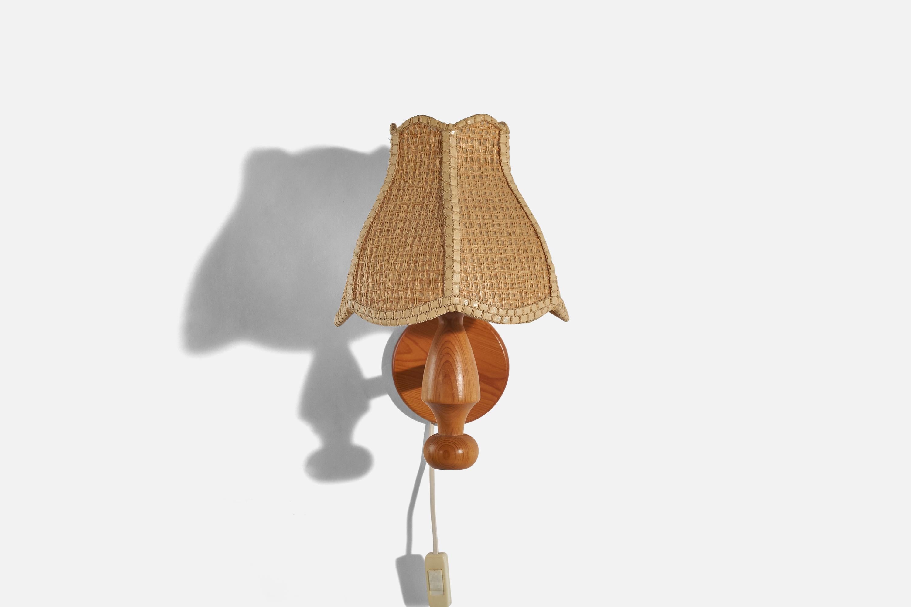 Swedish Designer, Wall Lights, Pine, Rattan, Sweden, c. 1970s In Good Condition For Sale In High Point, NC