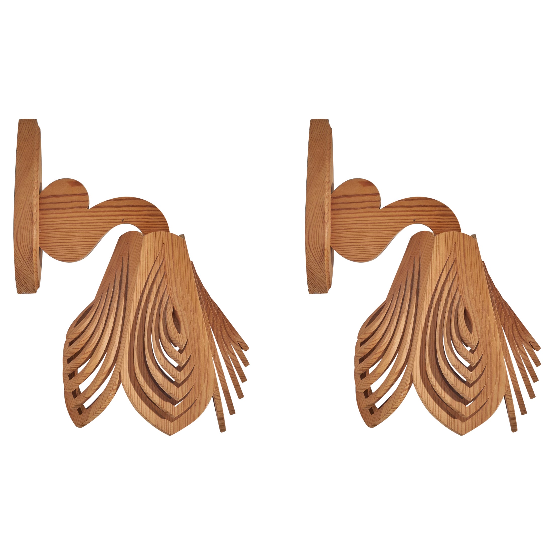 Swedish Designer, Wall Lights, Pine, Sweden, 1970s