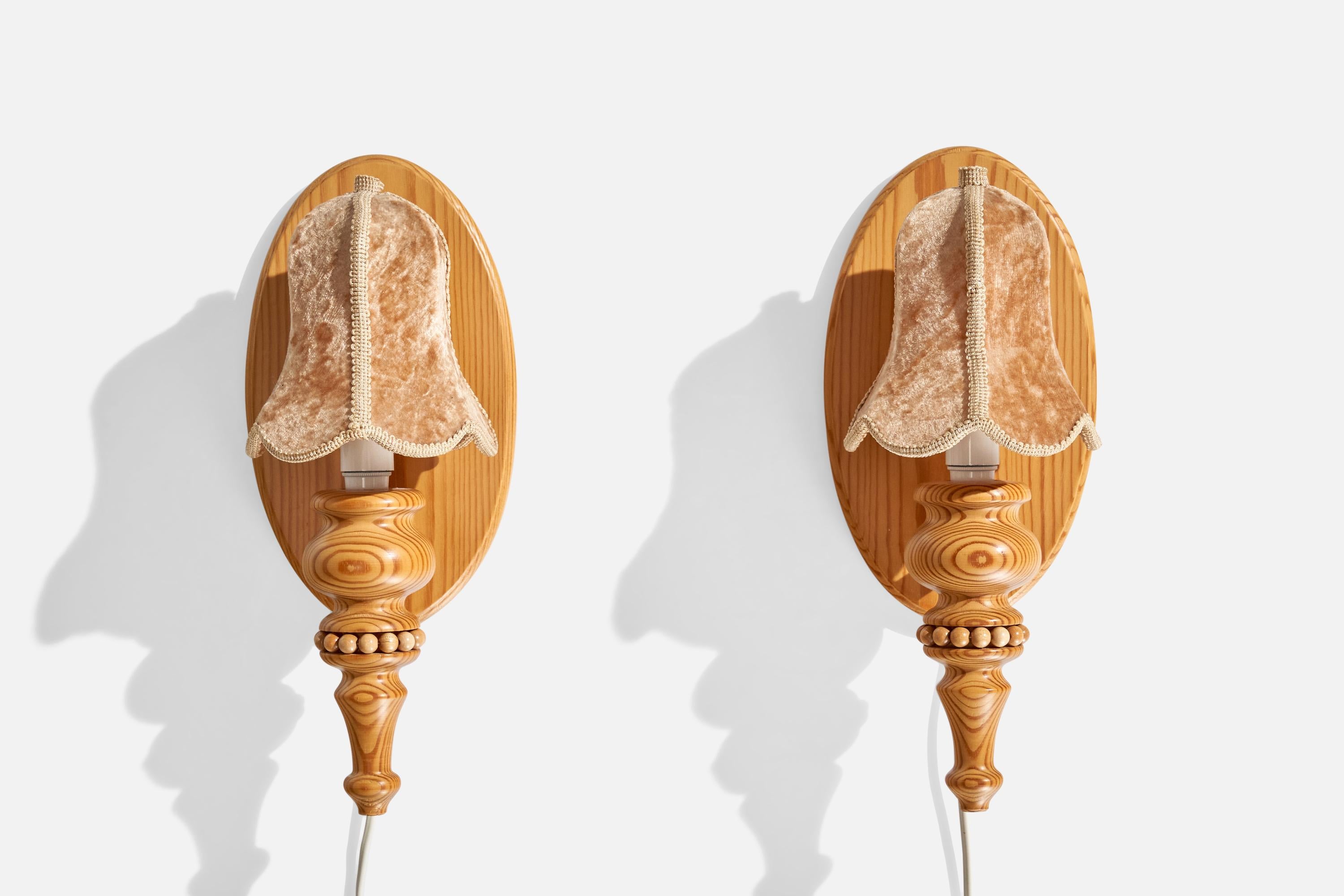 Swedish Designer, Wall Lights, Pine, Velvet, Sweden, 1970s In Good Condition For Sale In High Point, NC