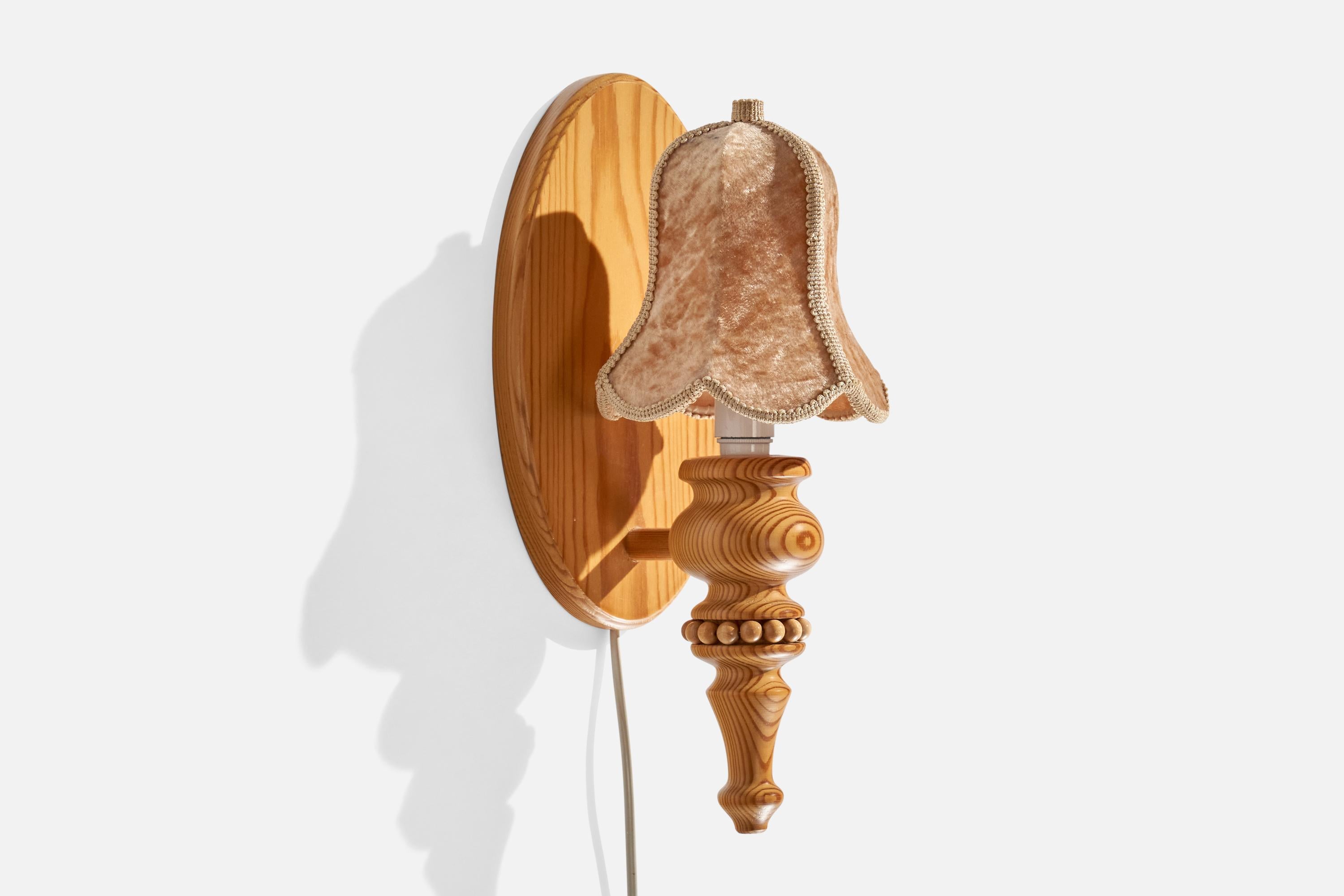 Late 20th Century Swedish Designer, Wall Lights, Pine, Velvet, Sweden, 1970s For Sale
