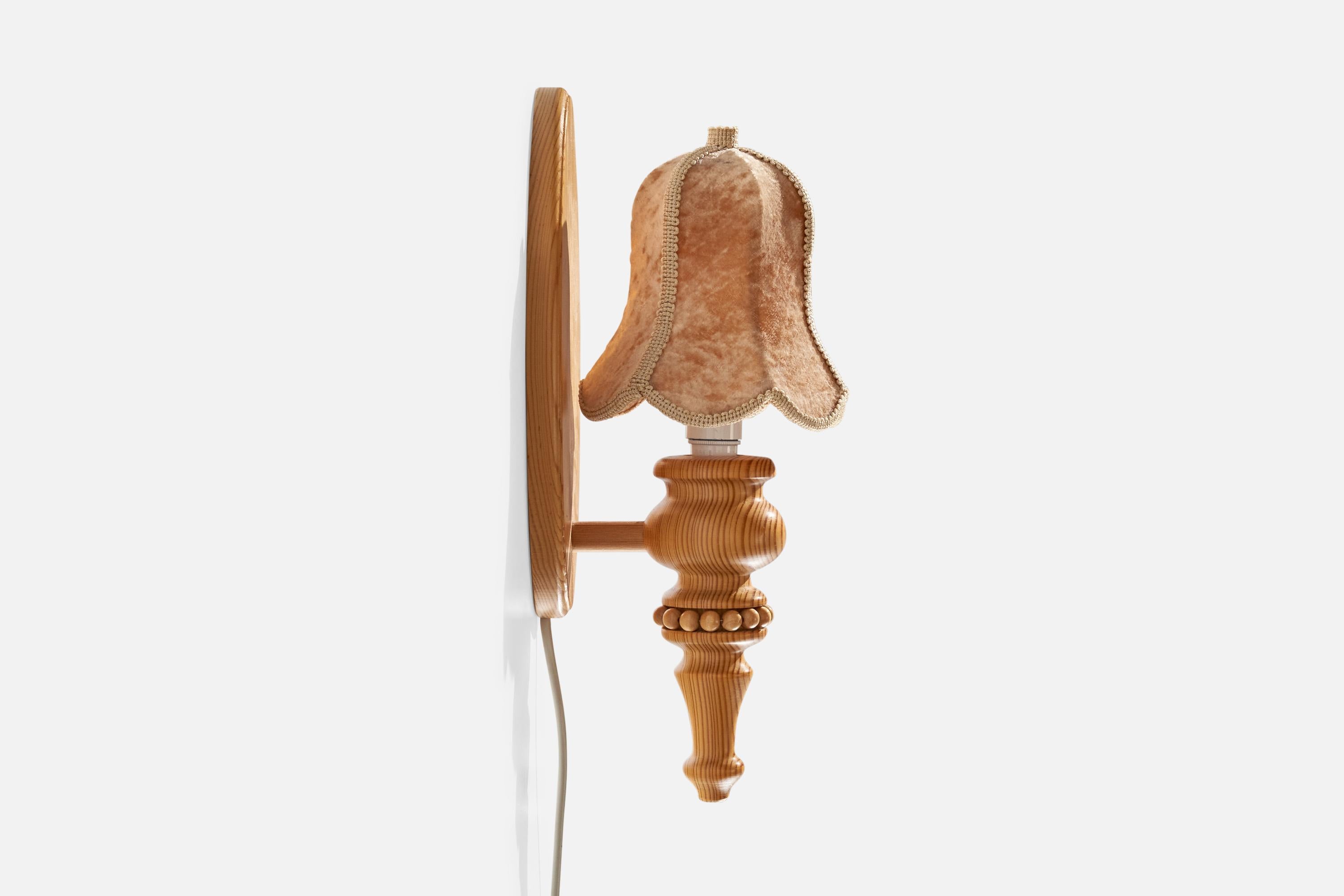 Swedish Designer, Wall Lights, Pine, Velvet, Sweden, 1970s For Sale 1