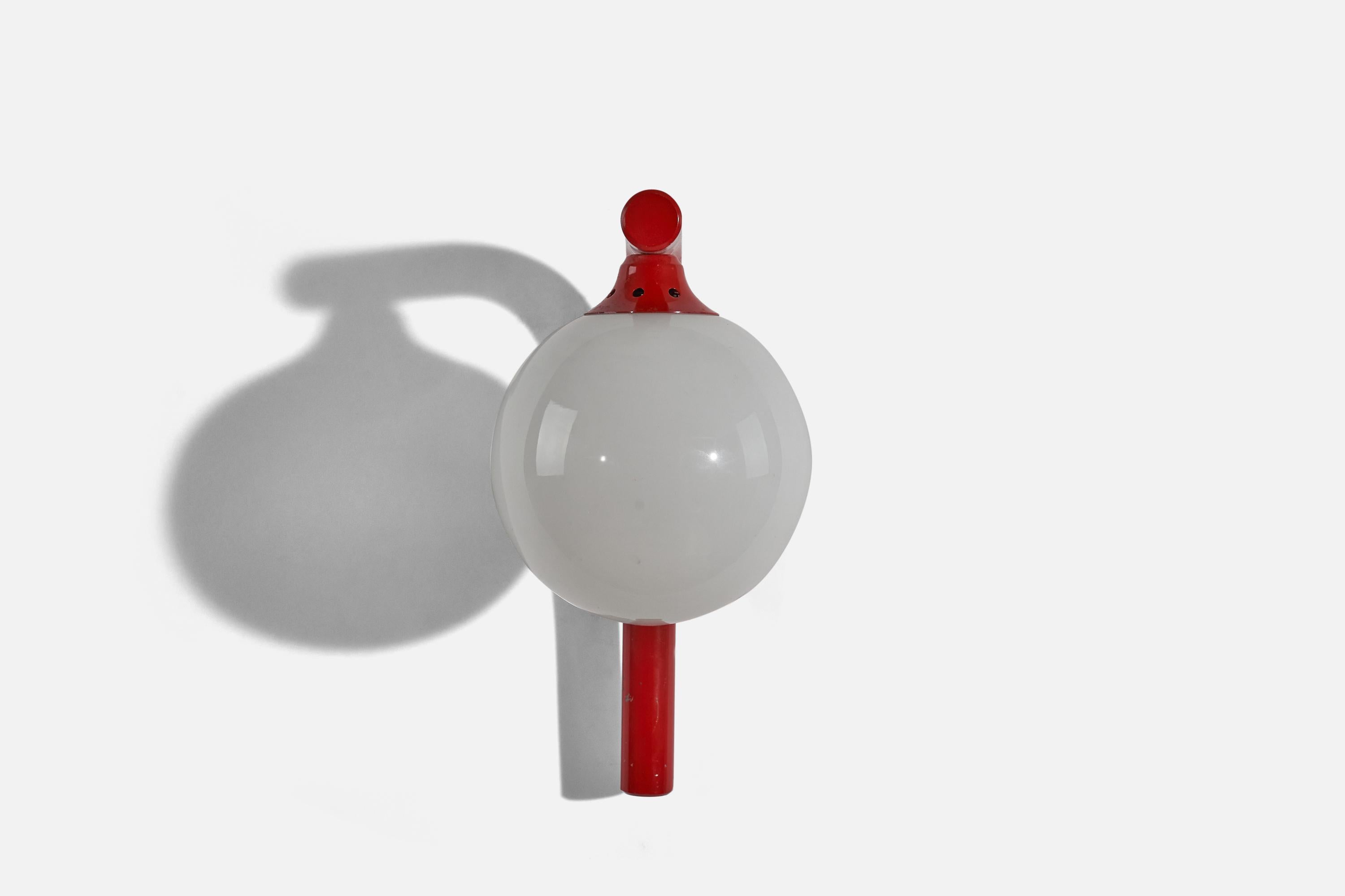 Post-Modern Swedish Designer, Wall Lights, Red Lacquered Metal, Glass, Sweden, C. 1970s For Sale