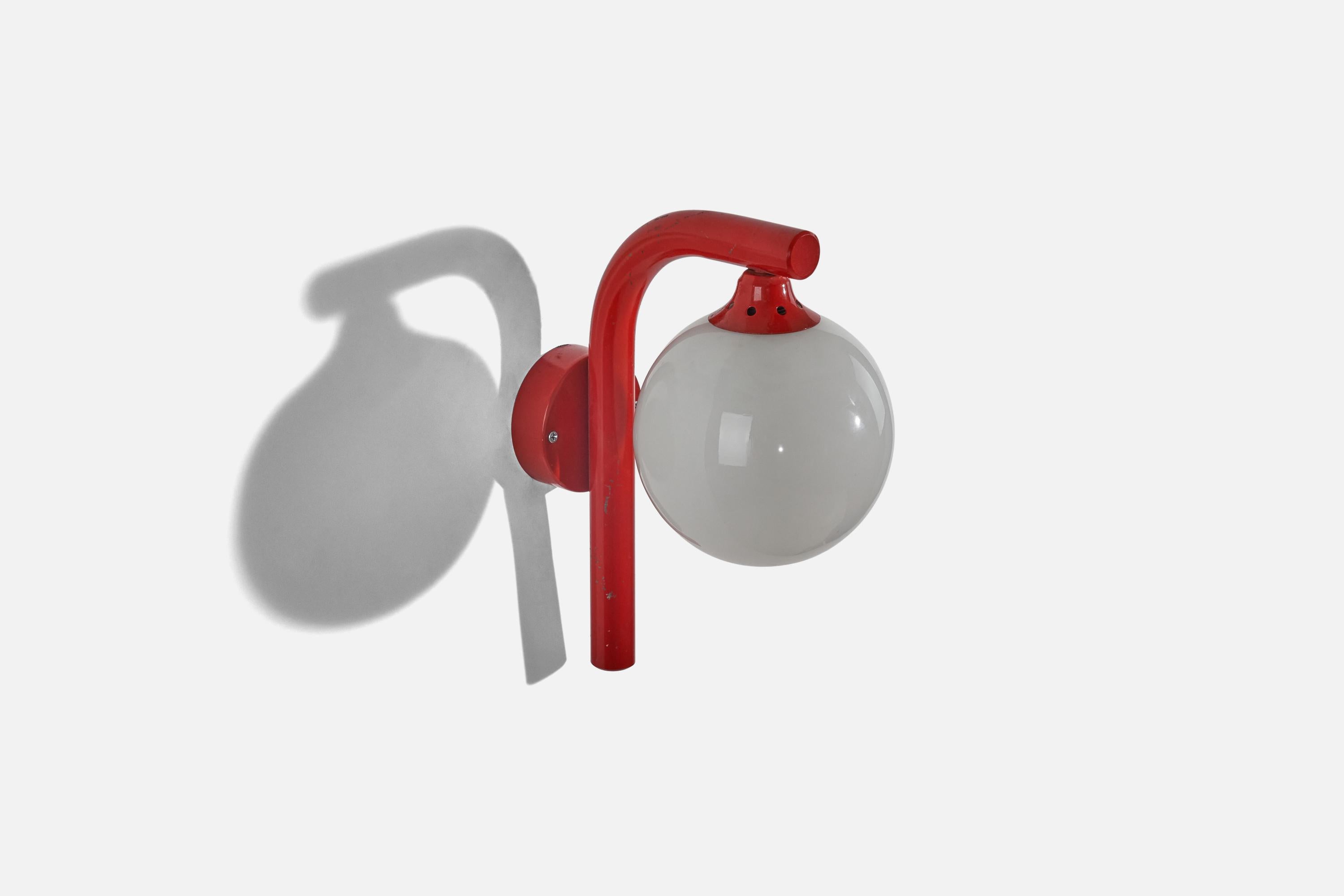 Late 20th Century Swedish Designer, Wall Lights, Red Lacquered Metal, Glass, Sweden, C. 1970s For Sale