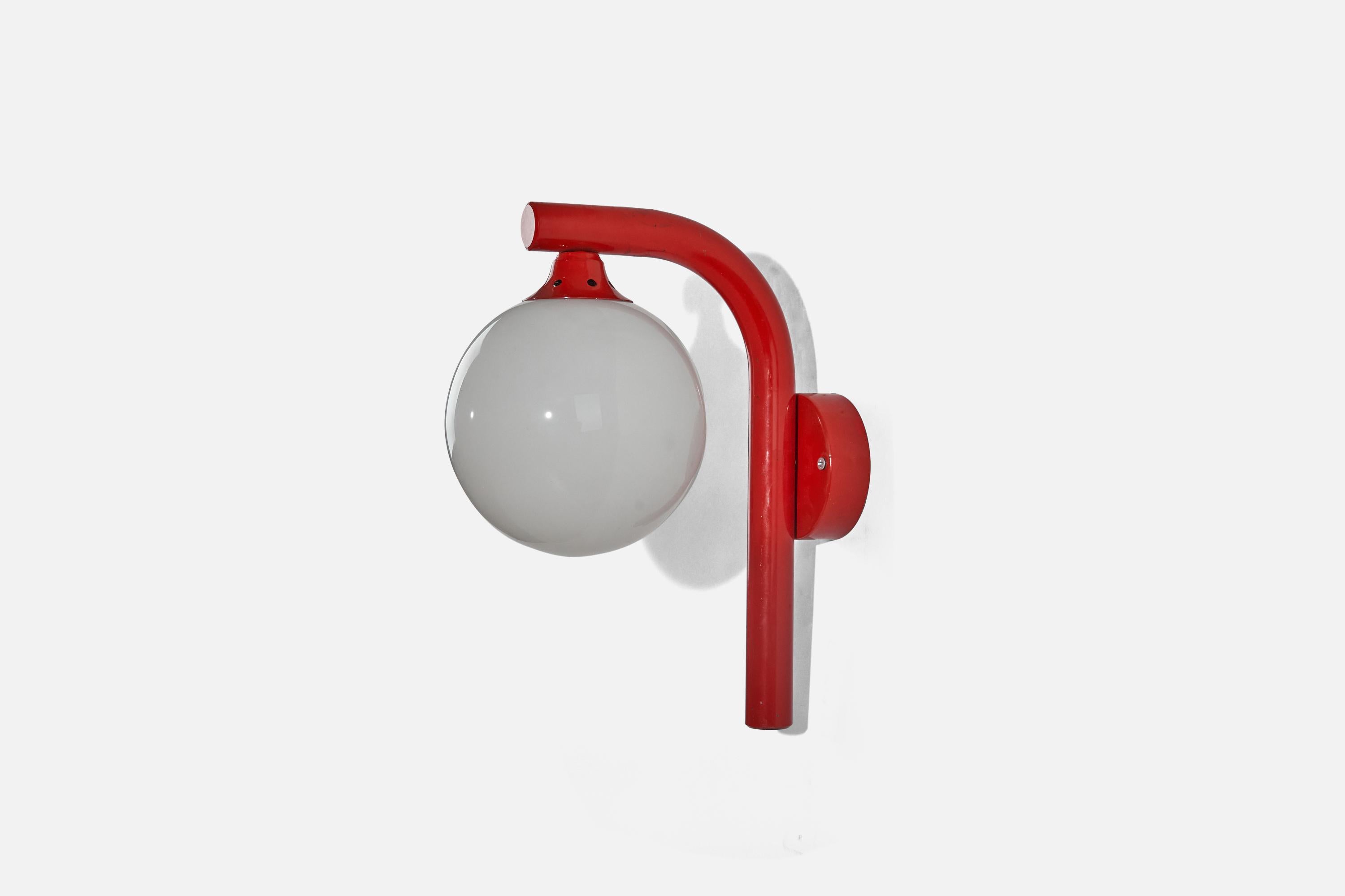 Swedish Designer, Wall Lights, Red Lacquered Metal, Glass, Sweden, C. 1970s For Sale 1