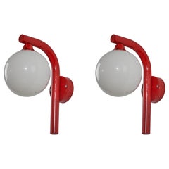 Swedish Designer, Wall Lights, Red Lacquered Metal, Glass, Sweden, c. 1970s