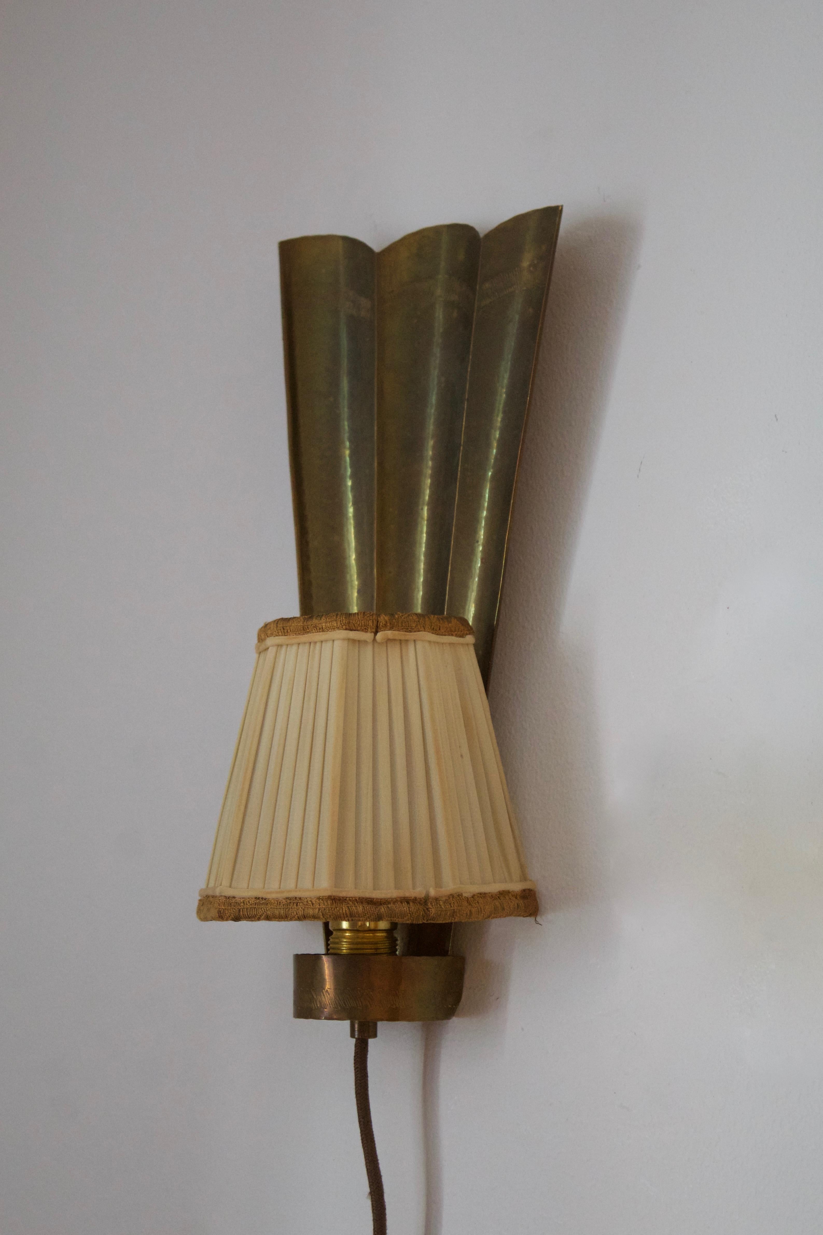 Swedish Designer, Wall Lights / Sconces, Brass, Fabric, Sweden, C. 1940s In Good Condition In High Point, NC