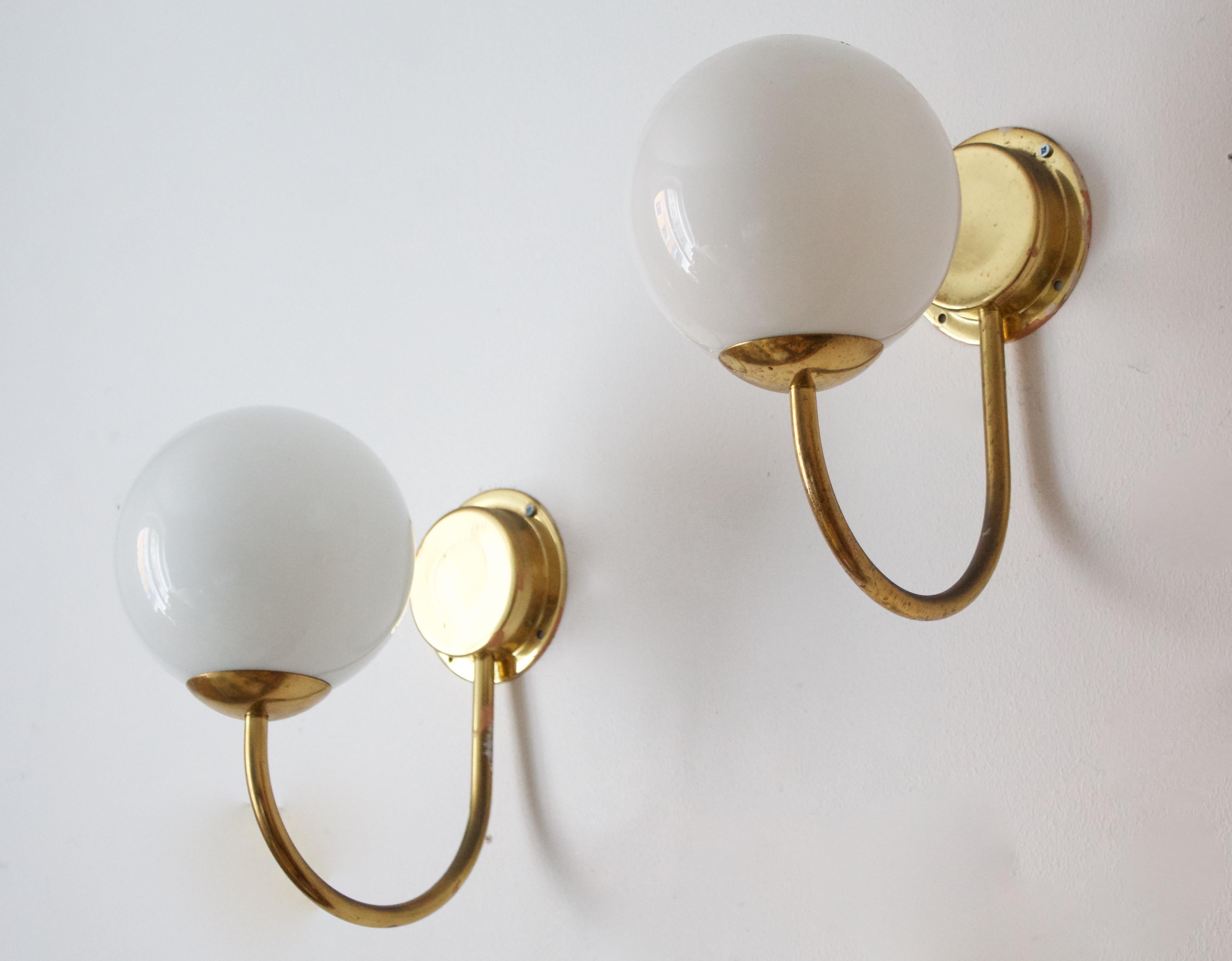 Mid-Century Modern Swedish Designer, Wall Lights / Sconces, Brass, Milk Glass, Sweden, 1950s