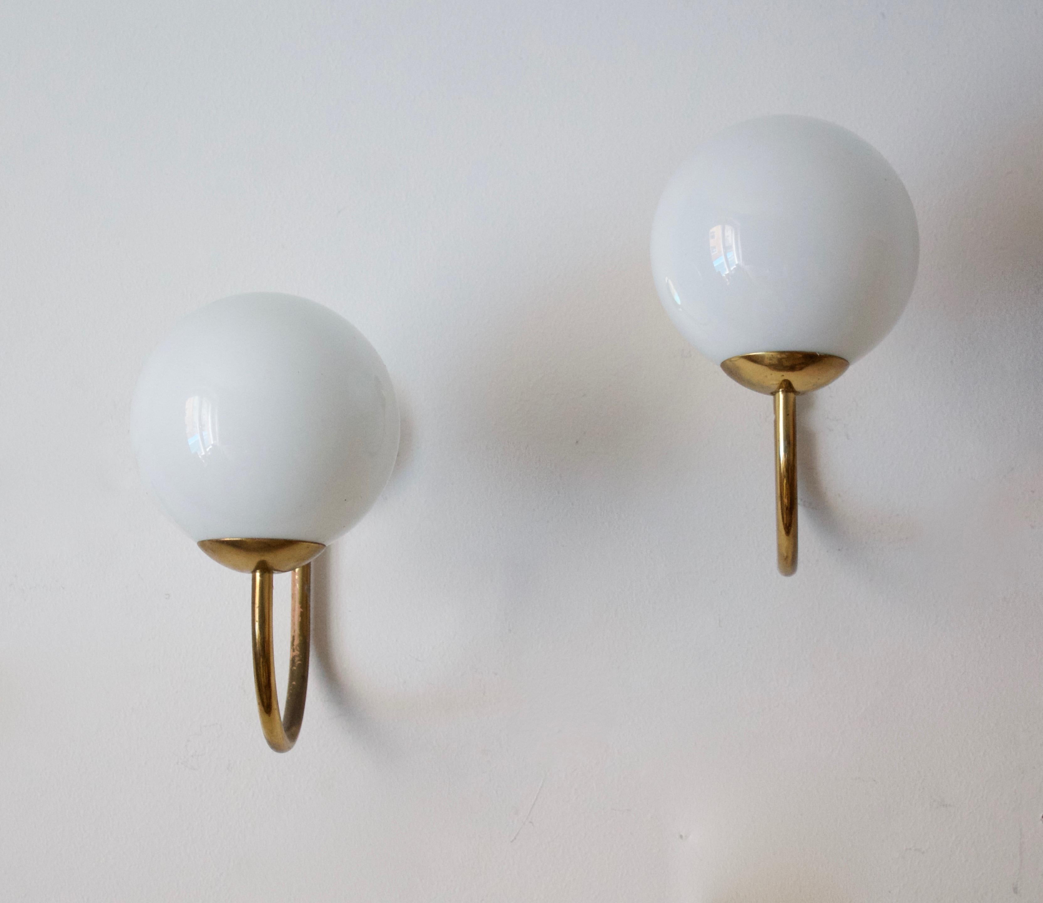 Swedish Designer, Wall Lights / Sconces, Brass, Milk Glass, Sweden, 1950s In Fair Condition In High Point, NC