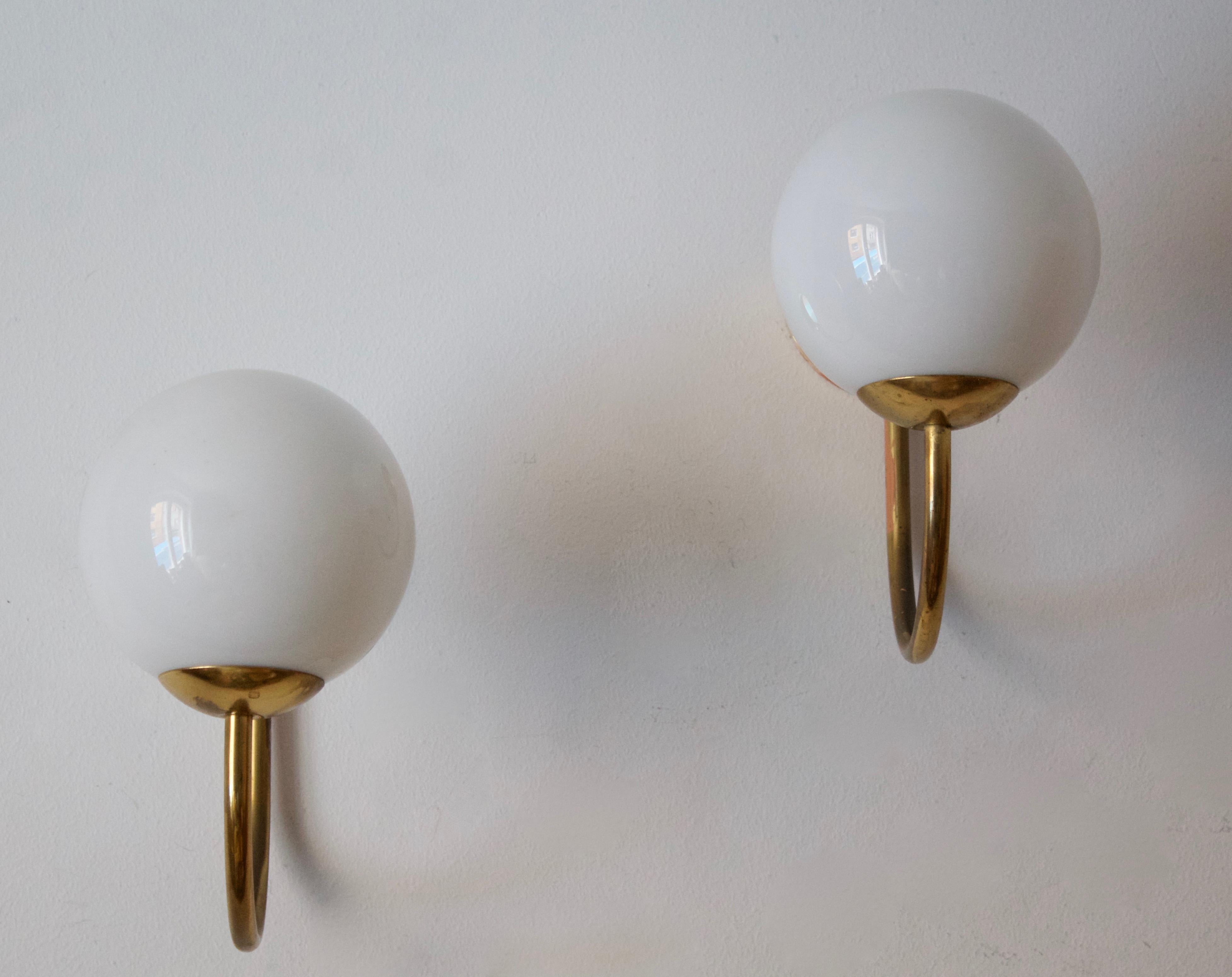 Swedish Designer, Wall Lights / Sconces, Brass, Milk Glass, Sweden, 1950s In Fair Condition In High Point, NC
