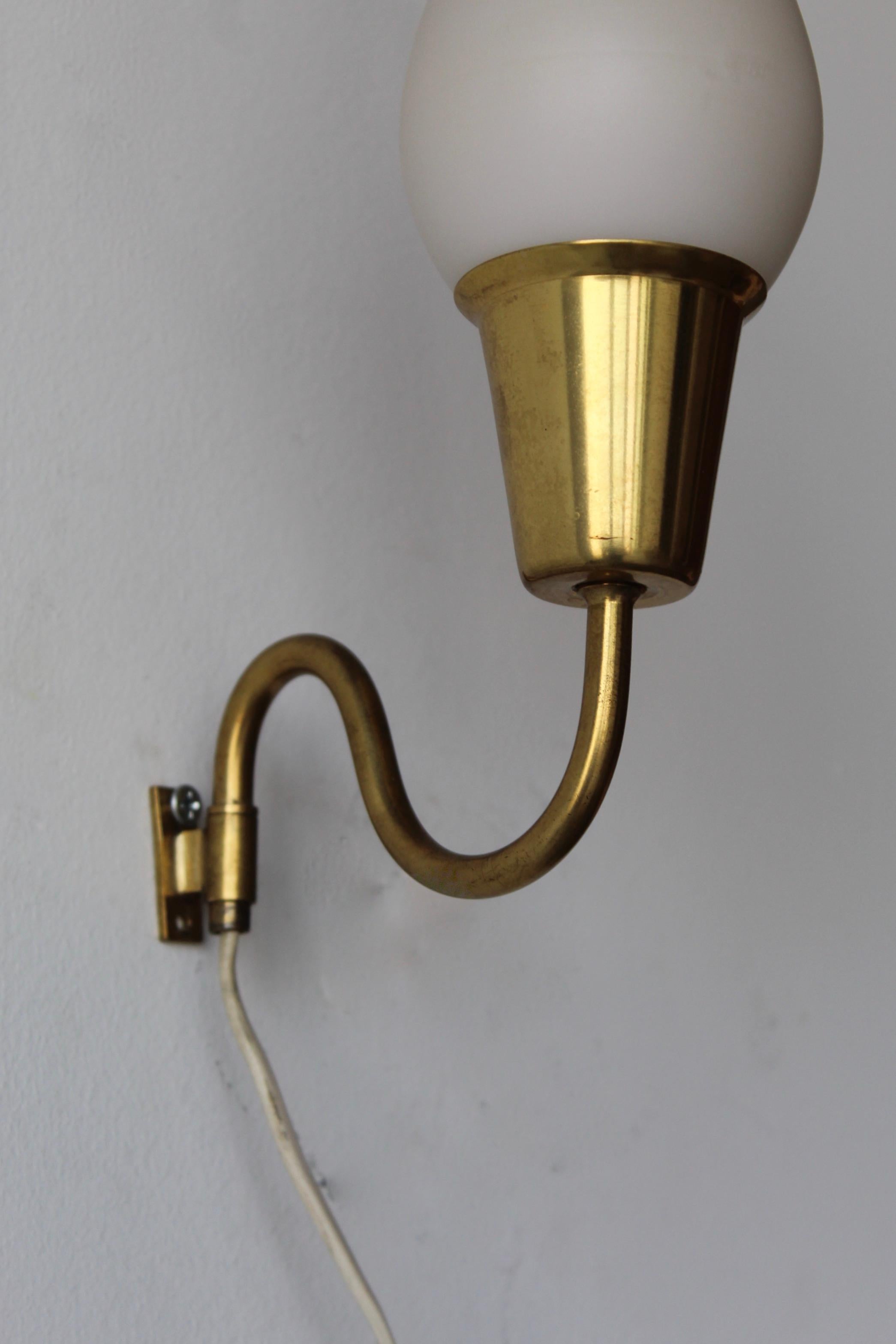 Mid-Century Modern Swedish Designer, Wall Lights / Sconces, Brass, Milk Glass, Sweden, 1950s