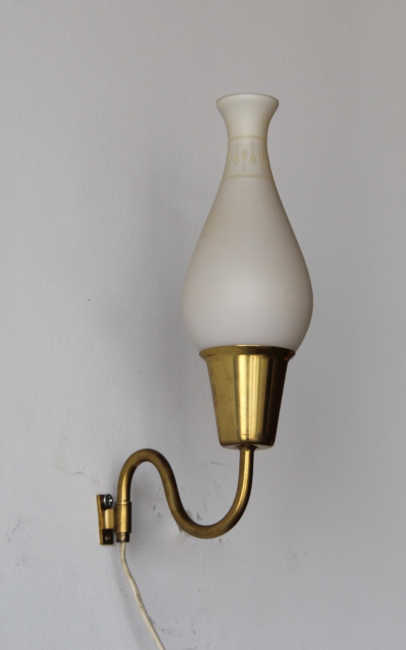 Swedish Designer, Wall Lights / Sconces, Brass, Milk Glass, Sweden, 1950s In Good Condition In High Point, NC