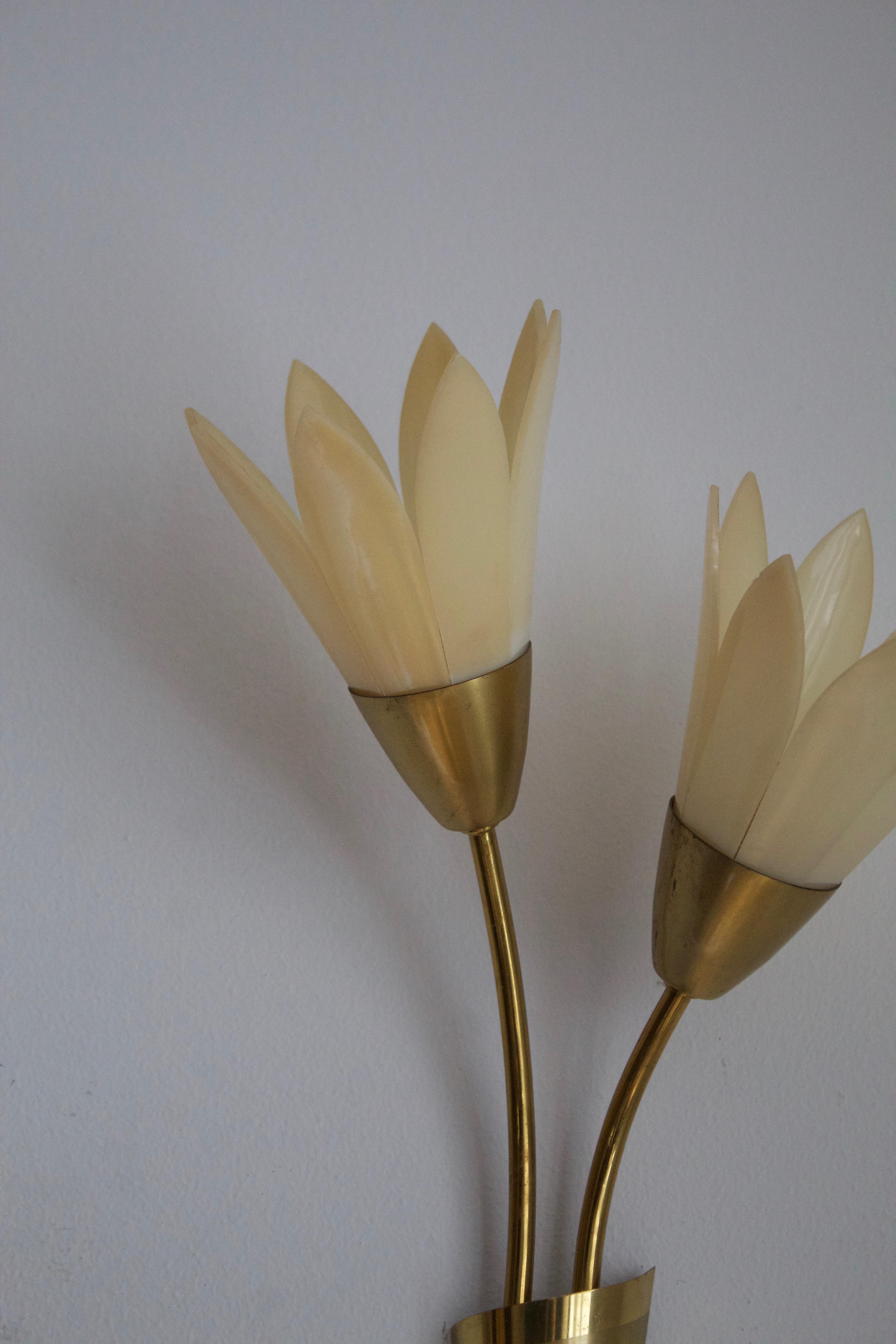 Mid-20th Century Swedish Designer, Wall Lights / Sconces, Brass, White Acrylic, Sweden, 1950s