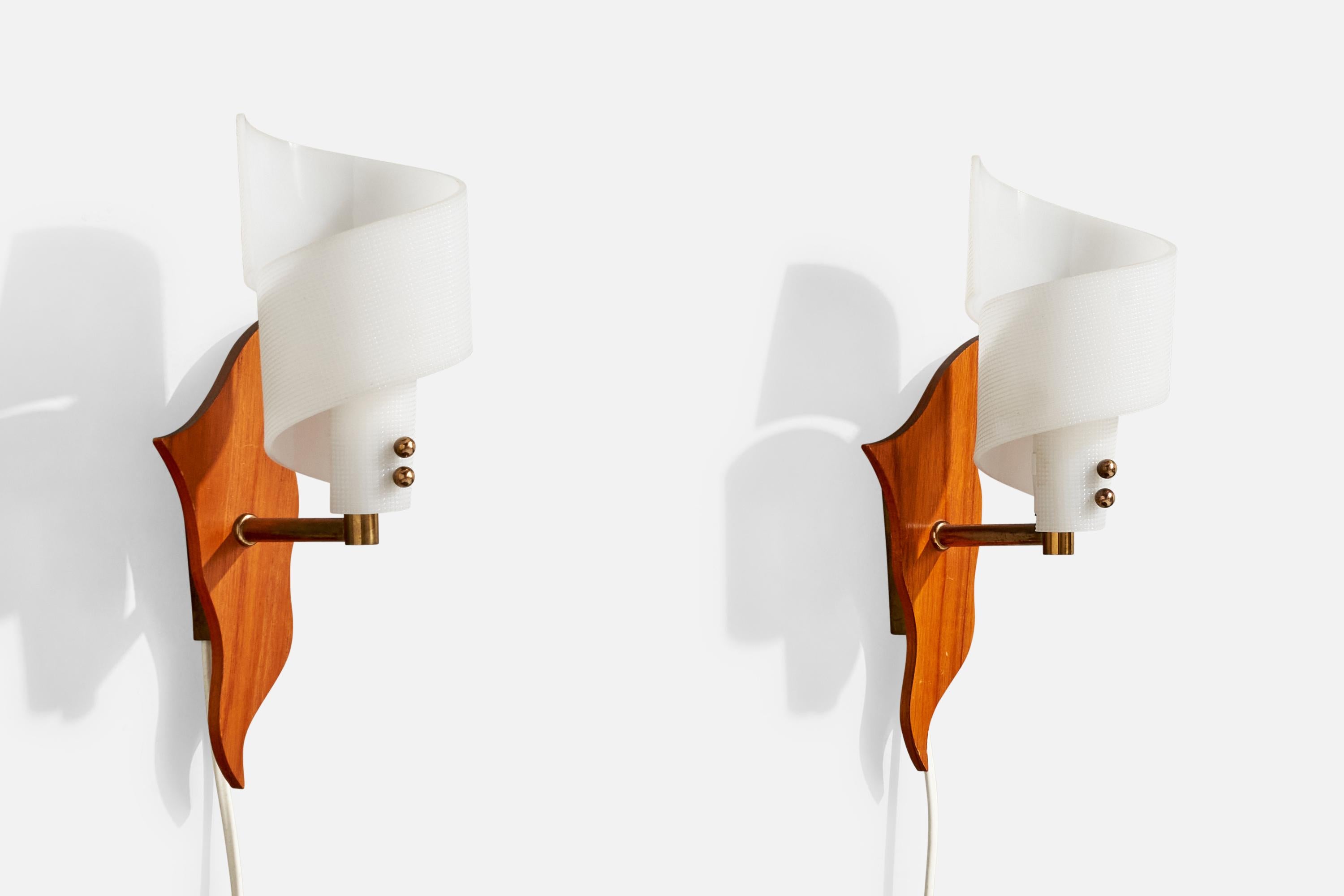 A pair of brass, teak and white acrylic wall lights designed and produced in Sweden, c. 1950s.

Overall Dimensions (Inches): 10.5” H x 3.75” W x 5.5“ D

Back Plate Dimensions (Inches): 3.125” H x 1.125“ W x .55” D

Bulb Specifications: E-14

Number