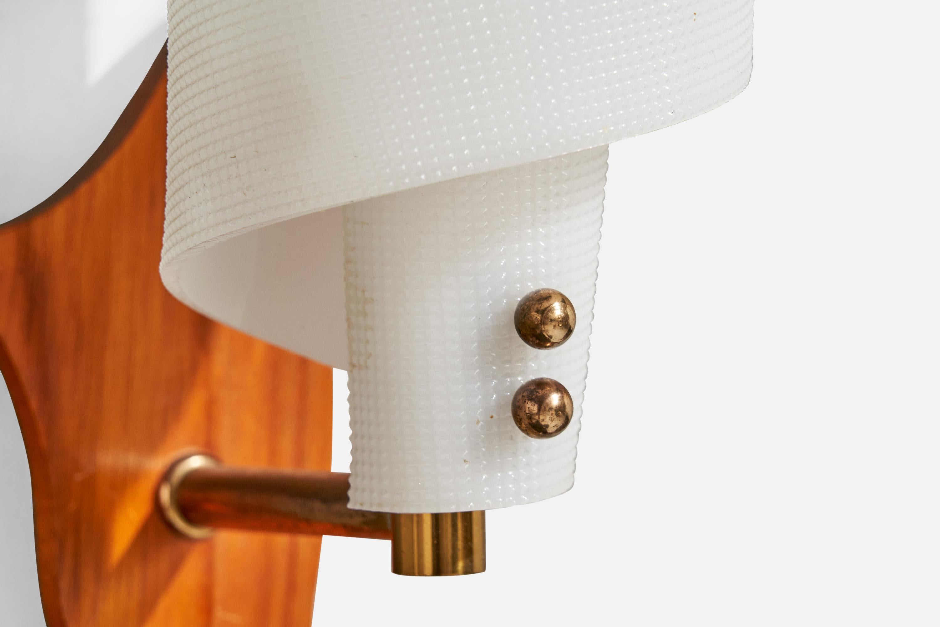 Mid-Century Modern Swedish Designer, Wall Lights, Teak, Brass, Acrylic, Sweden, 1950s For Sale