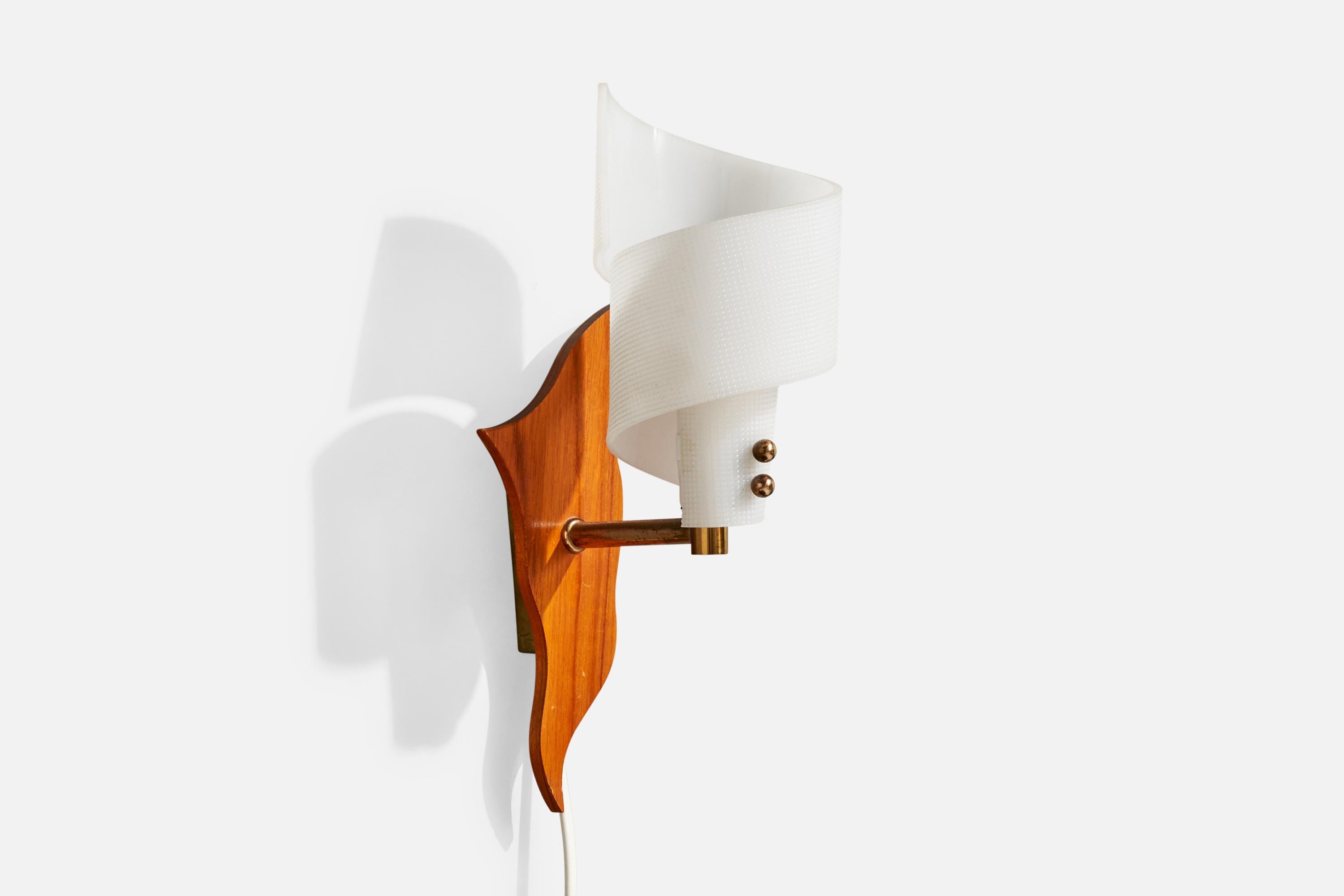 Mid-20th Century Swedish Designer, Wall Lights, Teak, Brass, Acrylic, Sweden, 1950s For Sale
