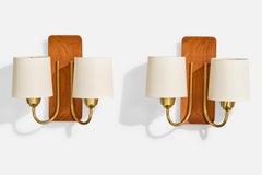 Swedish Designer, Wall Lights, Teak, Brass, Fabric, Sweden, 1950s