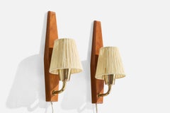 Swedish Designer, Wall Lights, Teak, Brass, Fabric, Sweden, 1950s
