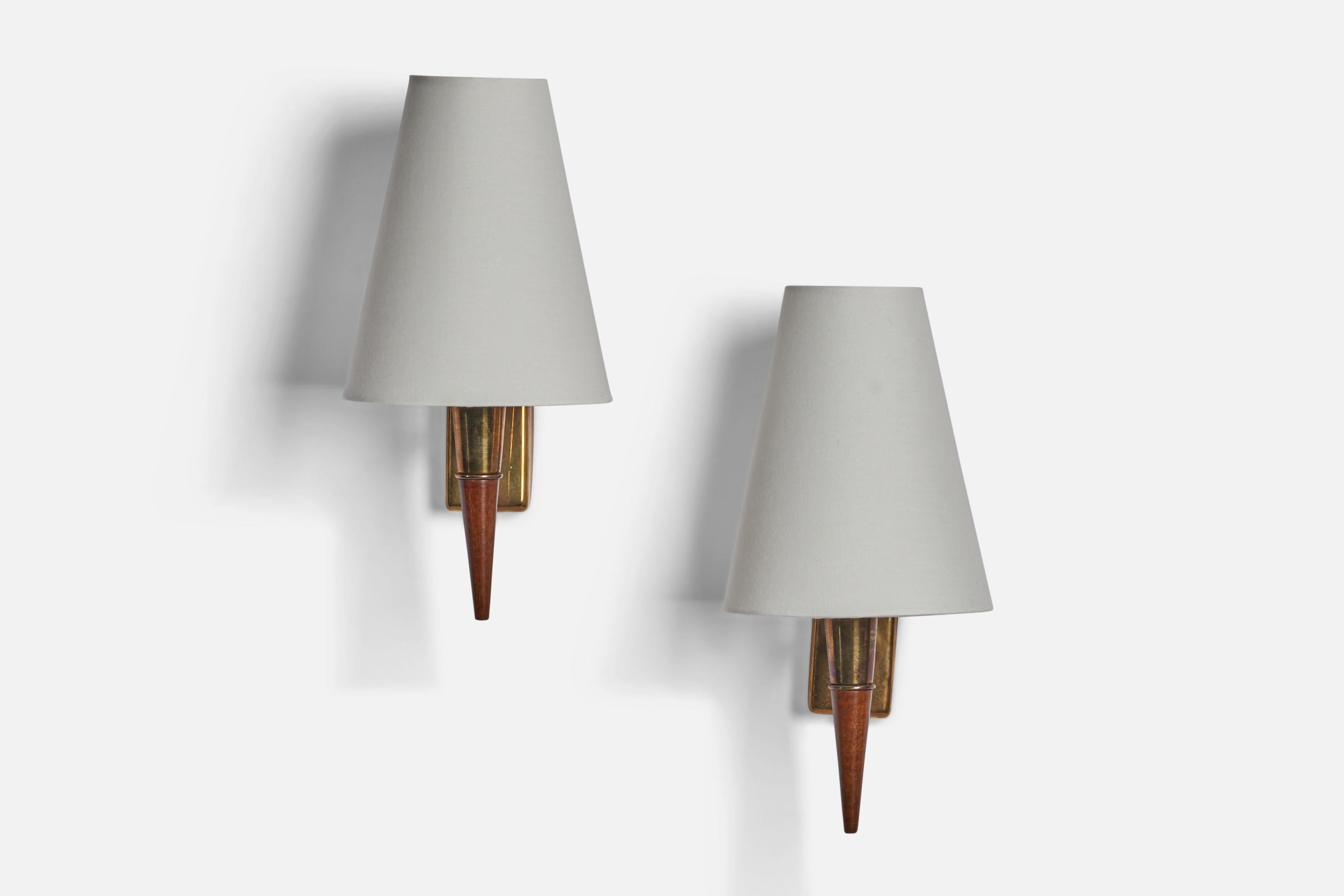 Swedish Designer, Wall Lights, Teak, Brass, Fabric, Sweden, 1950s In Good Condition For Sale In High Point, NC