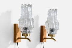 Swedish Designer, Wall Lights, Teak, Brass, Glass, Sweden, 1950s