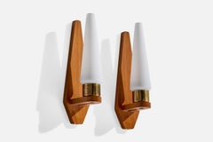 Swedish Designer, Wall Lights, Teak, Brass, Glass, Sweden, 1950s