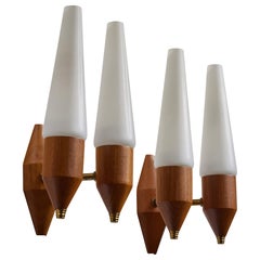 Schwedischer Designer, Wandleuchten, Teak, Messing, Glas, Schweden, 1960er Jahre