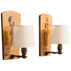 Swedish Designer, Wall Lights, Wood, Brass, Fabric, Sweden, 1940s