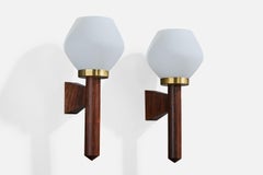 Swedish Designer, Wall Lights, Wood, Brass, Glass, Sweden, 1960s