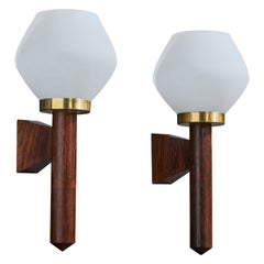 Swedish Designer, Wall Lights, Wood, Brass, Glass, Sweden, 1960s