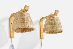 Swedish Designer, Wall Lights, Wood, Rattan, Sweden, 1970s