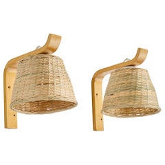 Designer svedese, lampade da parete, legno, rattan, Svezia, anni '70