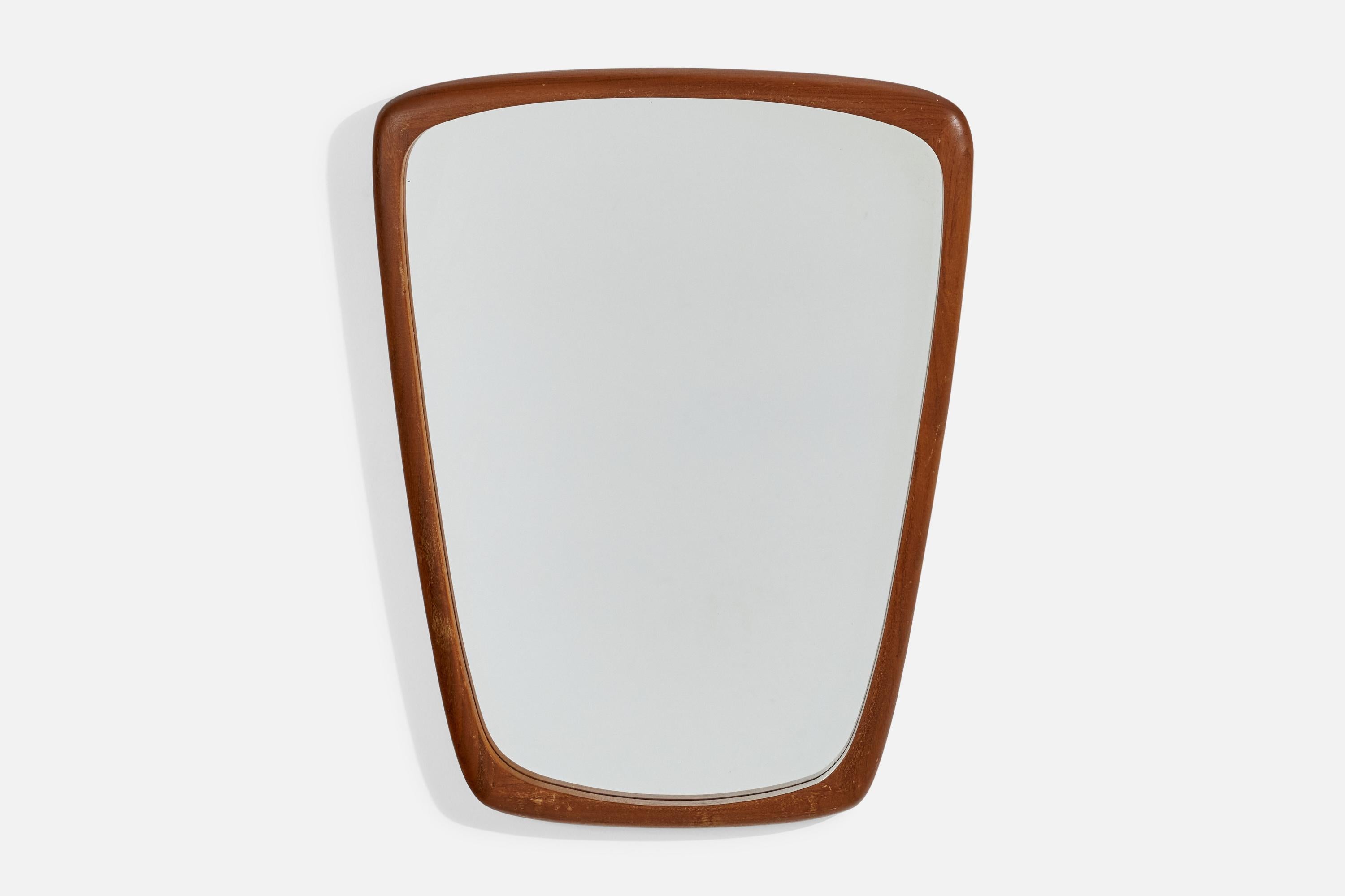 Mid-Century Modern Swedish Designer, Wall Mirror, Carved Teak, Mirror Glass, Sweden, 1950s For Sale