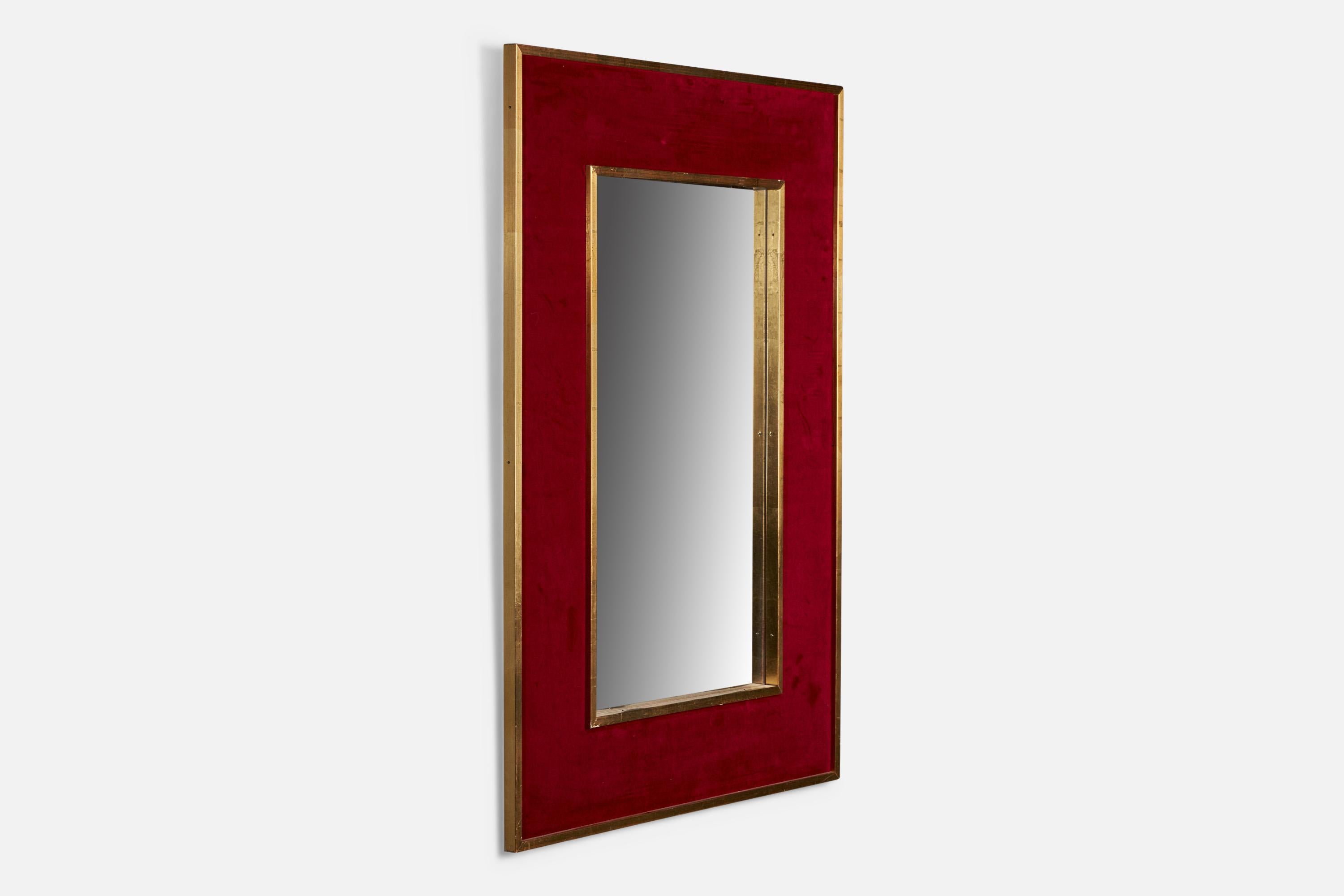 A red fabric and gilt wood wall mirror, designed and produced in Sweden, c. 1950s.