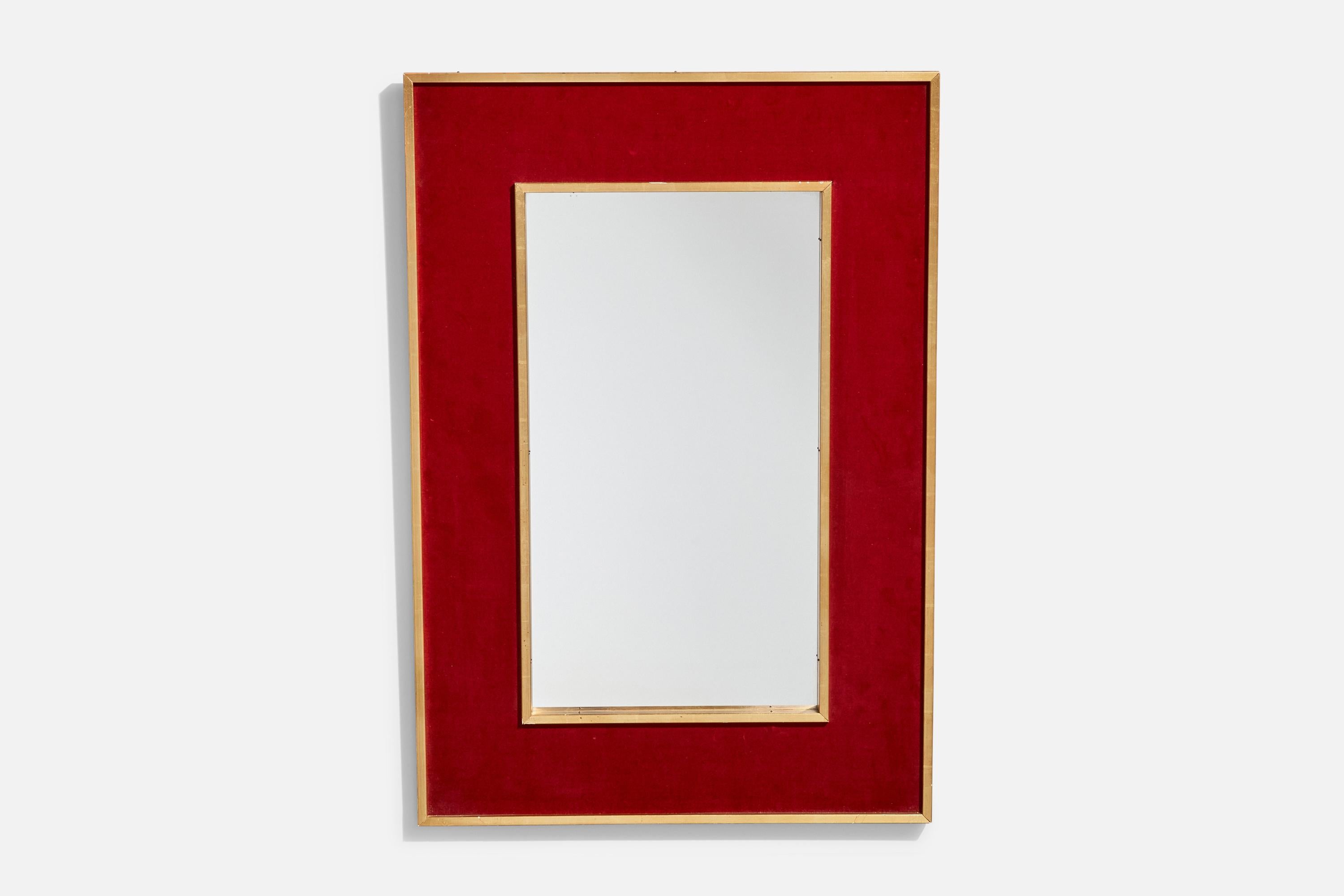 A red fabric and gilt wood wall mirror, designed and produced in Sweden, c. 1950s.